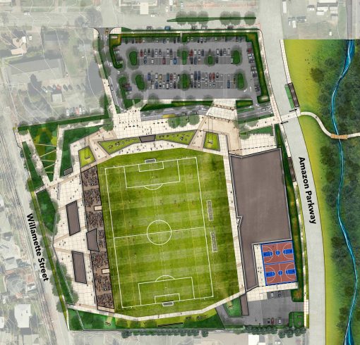 Rendering showing site plan for Eugene Civic Park